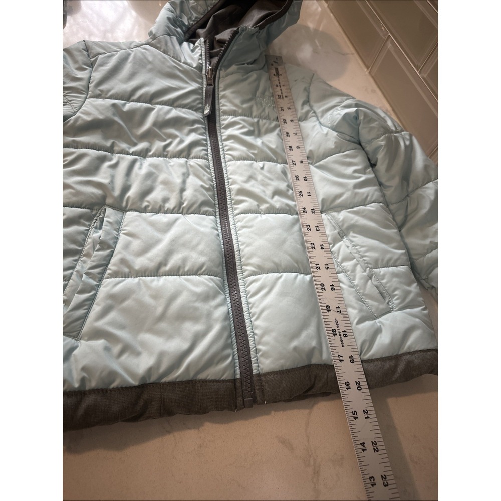 THE NORTH FACE REVERSIBLE PERRITO HOODED GIRLS JACKET Sz Medium 10/12 Grey/Blue - Picture 13 of 16